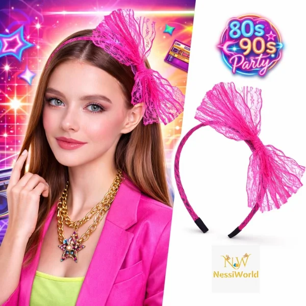 80’ler 90’lar Neon Pembe Dantel Taç Fiyonklu
