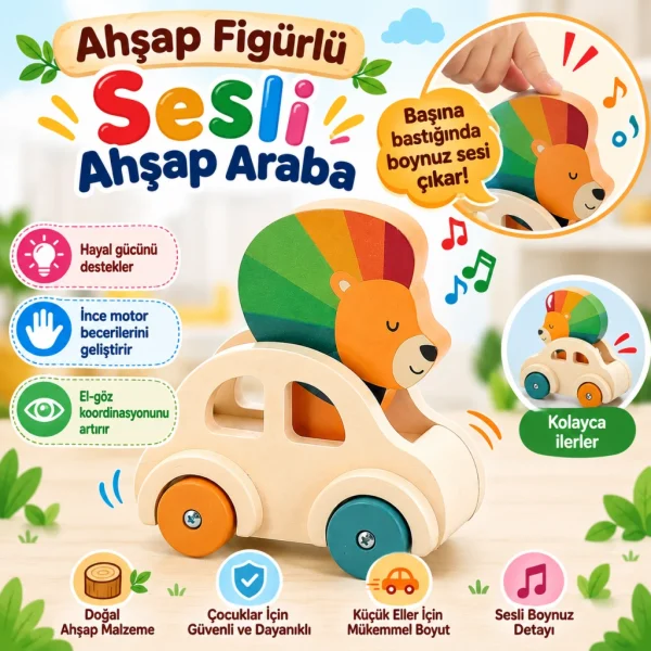 Ahşap Figürlü Sesli Ahşap Araba
