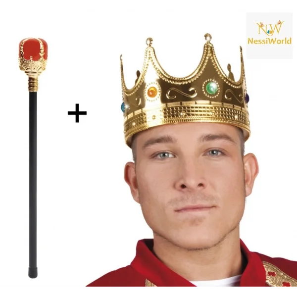 Altın Renk 60 cm Kral Tacı Kraliyet Tacı ve Kırmızı Topuzlu Kral Asası Seti