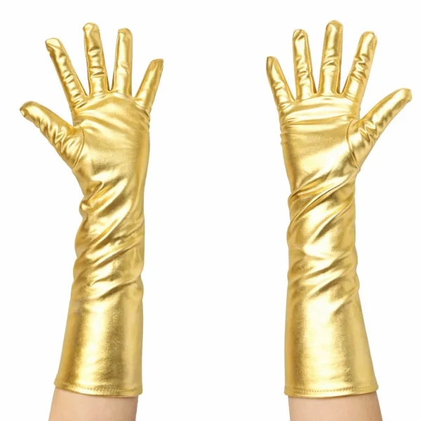 Altın Renk Dirsek Altı Lüks Saten Eldiven 40 cm