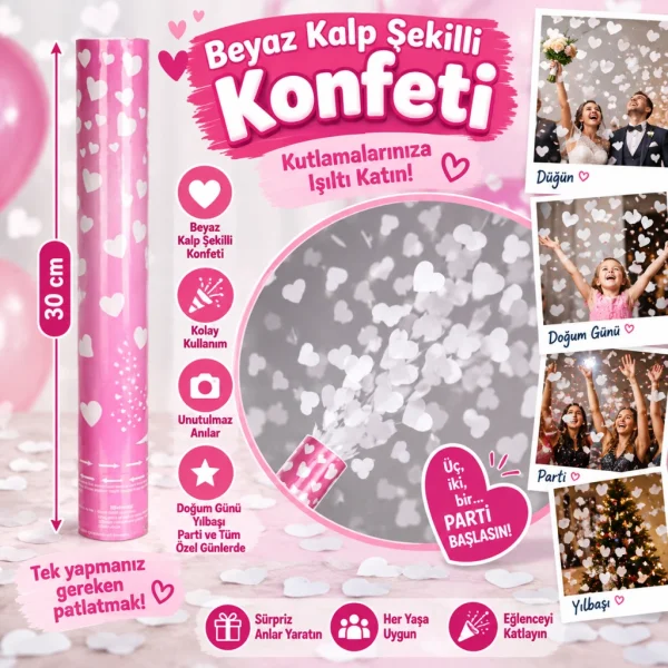 Beyaz Kalp Şekilli Konfeti 38 cm