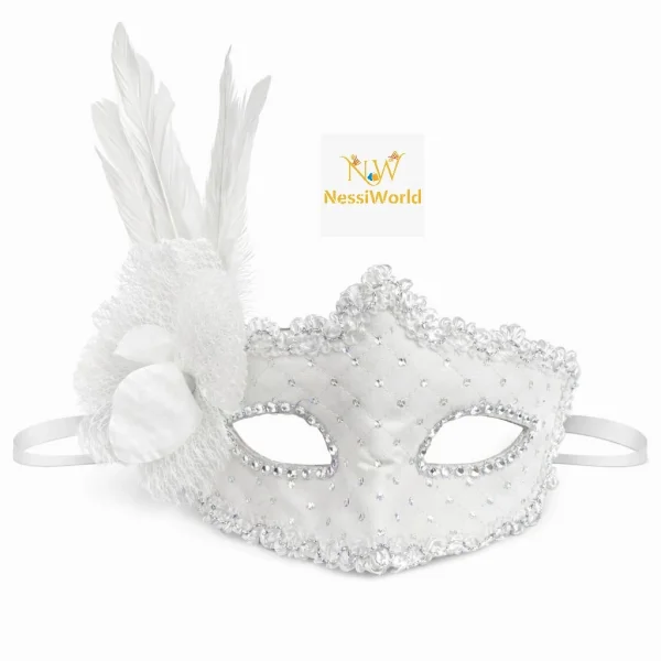 Beyaz Tüylü Venedik Lüks Balo Maskesi