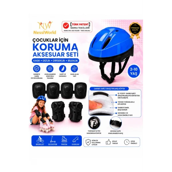 Bisiklet Kaykay Paten Çocuk Kaskı Ve Dizlik Set MAVİ/MAVİ