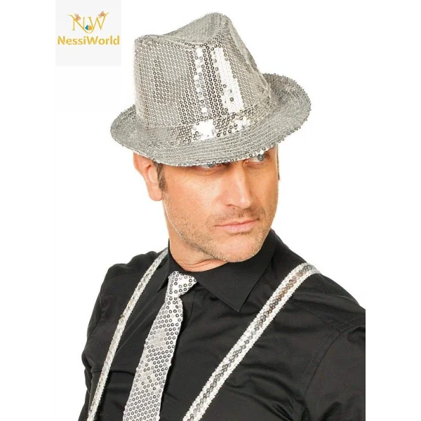 Disko Star Gümüş Payetli Fötr Şapka Yetişkin Boy