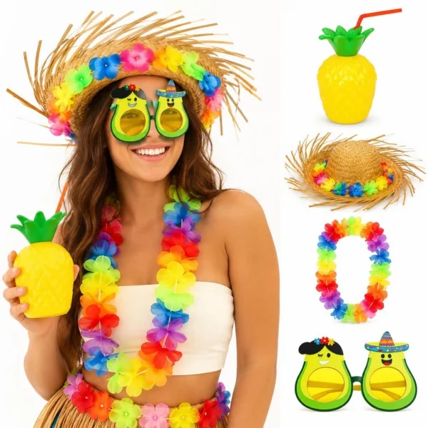 Hawaii Parti Seti Ananas Bardak Hasır Şapka Avokado Gözlük Çiçek Kolye