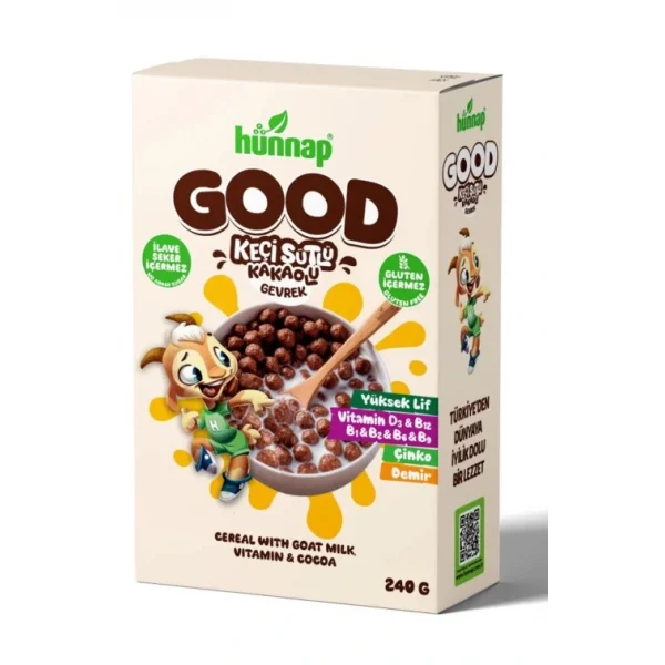 Hünnap Keçi Sütlü Kakao ve Vitamıin Tahıllı Glutensiz Gevrek 240 Gr