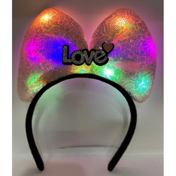 Led Işıklı 3 Farklı Fonksiyonda Yanan Gümüş Love Yazılı Toz Pembe Fiyonk Taç 20X17 cm