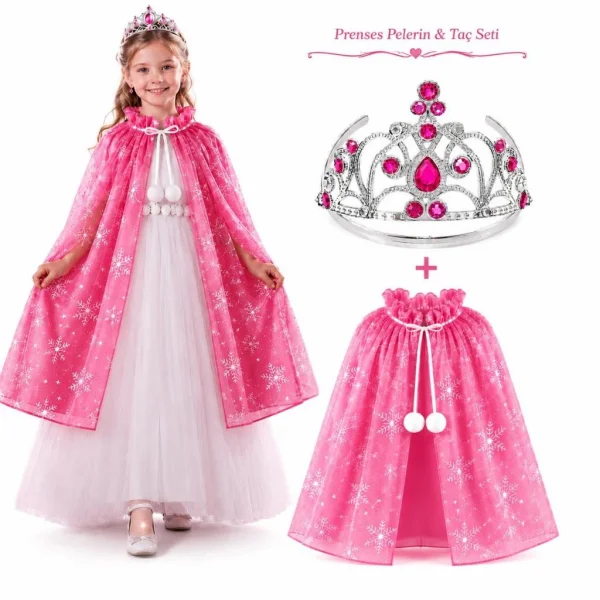 Masal Prensesi Pembe Pelerin ve Taç Seti (85 cm)