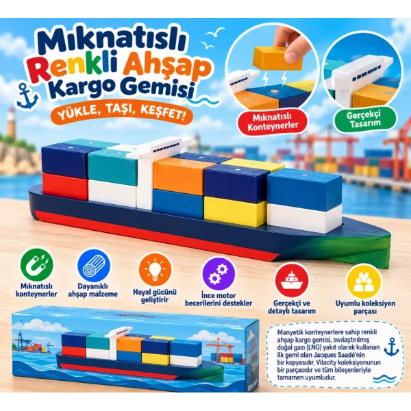 Mıknatıslı Renkli Ahşap Kargo Gemisi