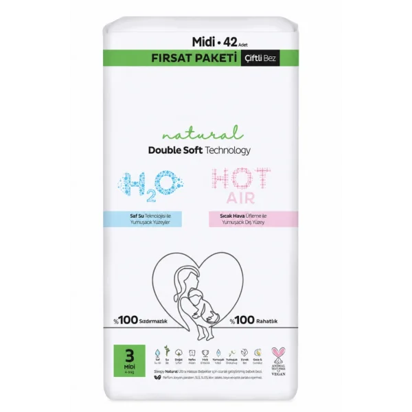 Natural Double Soft Bebek Bezi Fırsat Paketi 3 Beden 42 Adet
