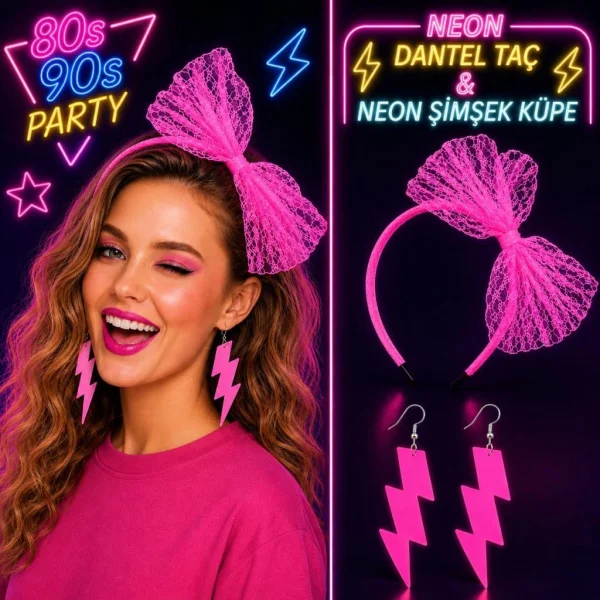Neon Pembe Dantel Taç ve Şimşek Küpe 80'ler 90'lar Parti Seti