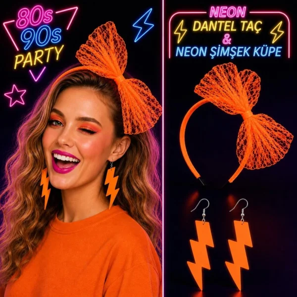 Neon Turuncu Dantel Taç ve Şimşek Küpe 80'ler 90'lar Parti Seti