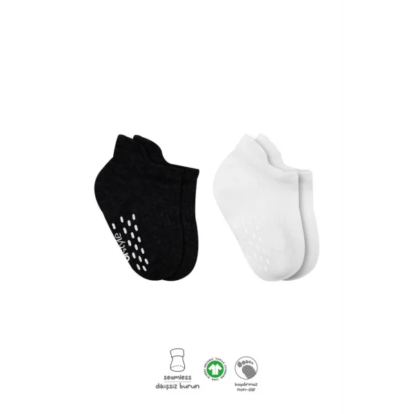Nessiworld Bistyle 2Li Sneakers Kaymaz Basic Penye Çorap BS20103 Siyah Ekru