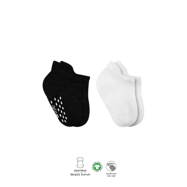 Nessiworld Bistyle 2Li Sneakers Kaymaz Basic Penye Çorap BS20103 Siyah Ekru