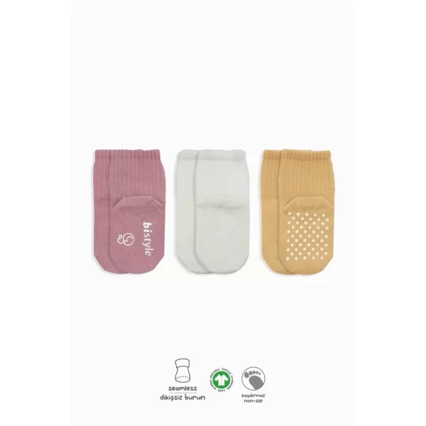 Nessiworld Bistyle Basic Kaymaz Penye Soket Çorap 3Lü BS10107 Pudra Ekru Somon