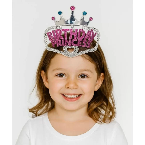 NessiWorld GümüşRenkTaçÜzeriPembeBirthdayPrensesYazılıÇocukPartiTacı11X12cm