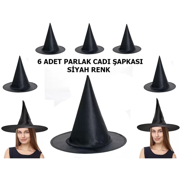 Nessiworld Halloween Siyah Renk Parlak Dralon Cadı Şapkası Yetişkin ve Çocuk Uyumlu 6 Adet