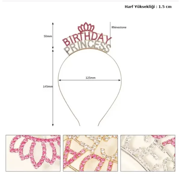 Nessiworld Kristal Taşlı Pembe Birthday Princess Yazılı Parti Tacı 19x11 cm