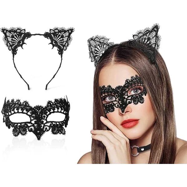 Nessiworld  Siyah Renk Dantel Maske ve Dantel Kulak Taç Seti Yetişkin No 10