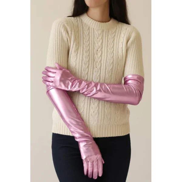 NessiWorld Uzun Boy Ekstra Parlak Saten Eldiven Pembe Renk