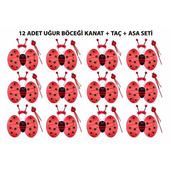 Uğur Böceği Kostüm Seti - Kanat Taç Asa 3 Parça 12 Adet