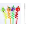 5 Parça Renkli Pipet Seti - Emojili Spiral Kokteyl- Çocuk Pipeti Temizleme Fırçalı