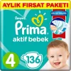 Nessiworld Prima Bebek Bezi Aktif Bebek 4 Beden Aylık Fırsat Paketi 136 Adet