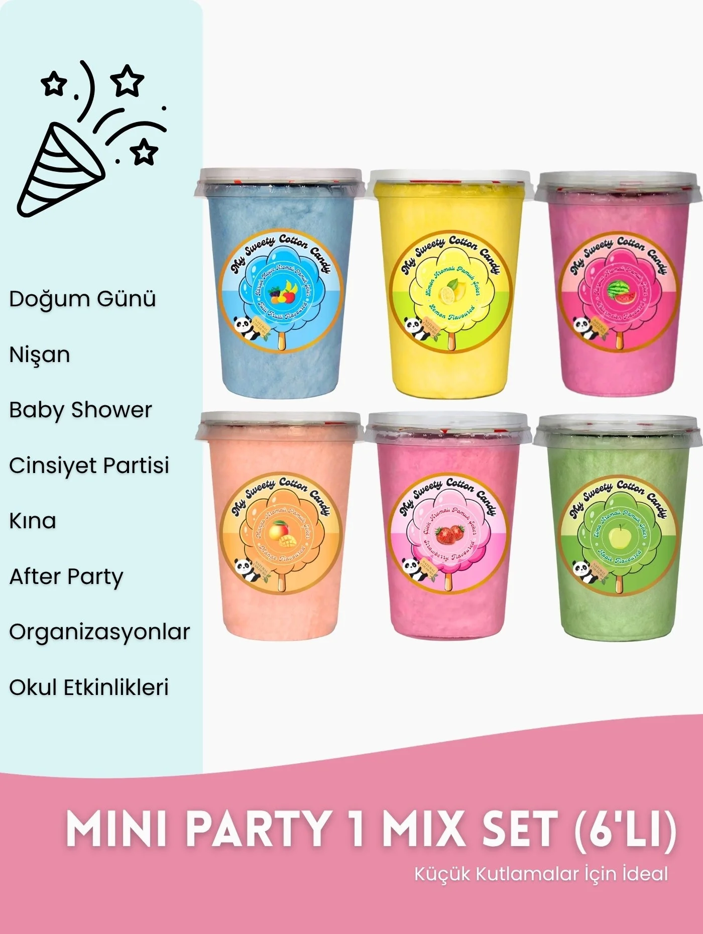 Karışık Meyve Aromalı Gurme Pamuk Şeker Mini Party Set (6’lı) – Mix Paket 1
