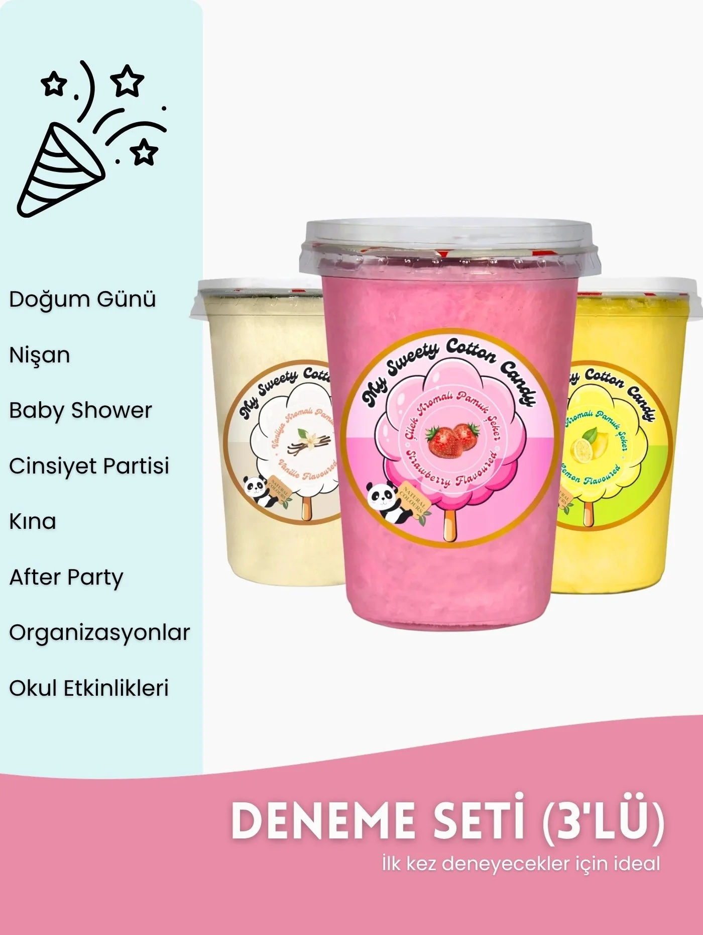 VANİLYA, ÇİLEK, LİMON AROMALI 3LÜ GURME PAMUK ŞEKERLER