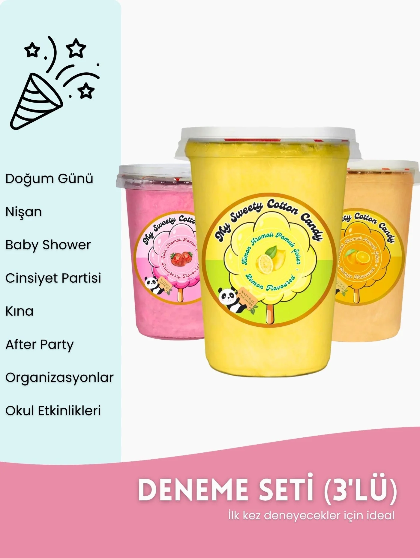 ÇİLEK, LİMON, PORTAKAL AROMALI 3LÜ GURME PAMUK ŞEKERLER