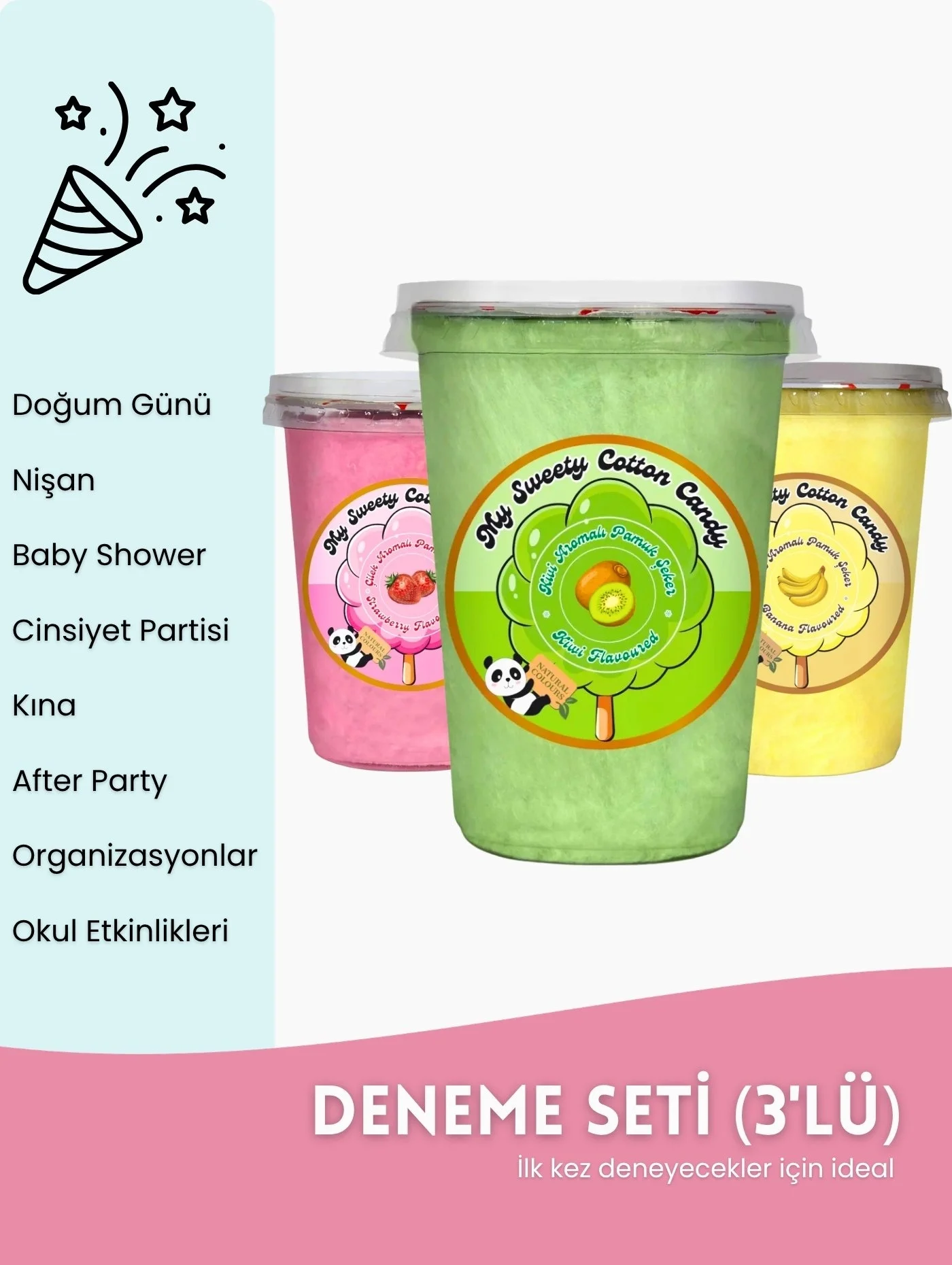 ÇİLEK, KİVİ, MUZ AROMALI 3LÜ GURME PAMUK ŞEKERLER