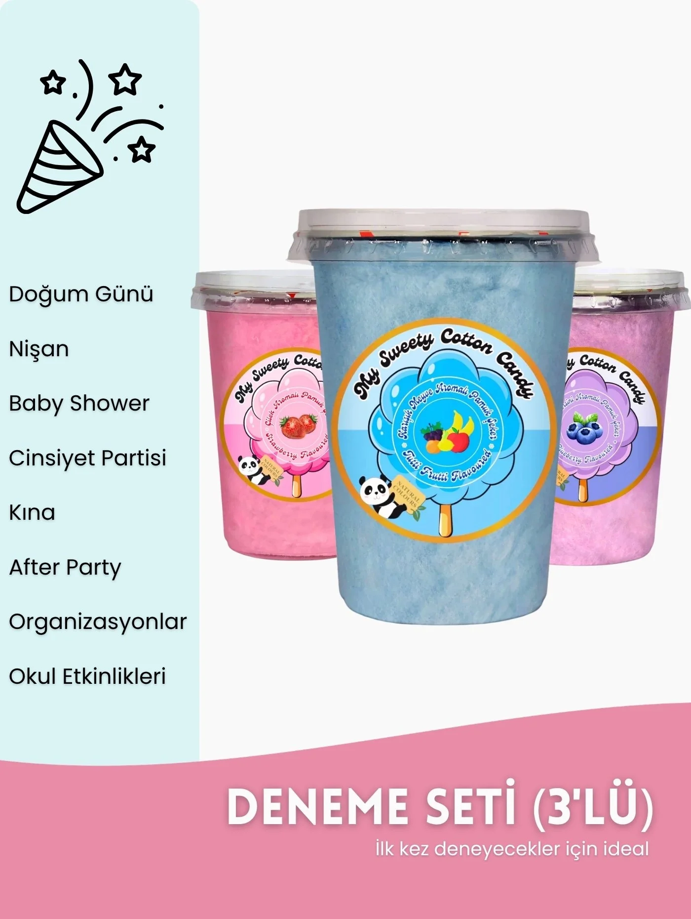 ÇİLEK, TUTTİ FRUTTİ , YABANMERSİNİ, AROMALI 3LÜ GURME PAMUK ŞEKERLER