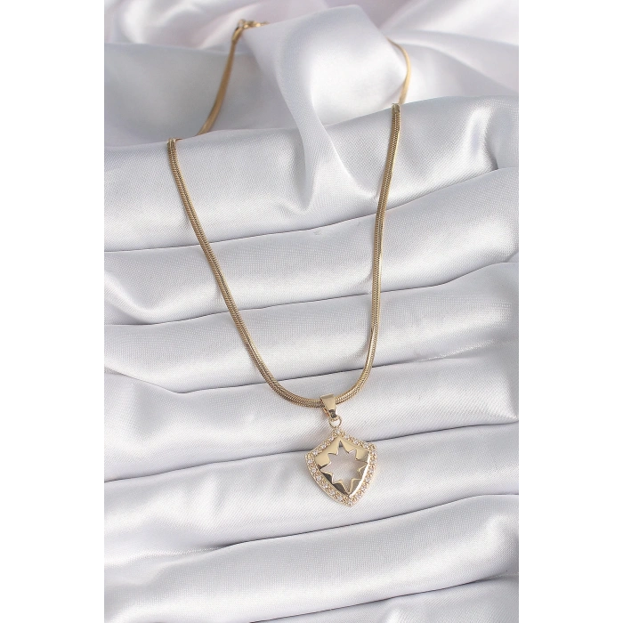 316L Çelik Gold Renk İtalyan Zincir Zirkon Taşlı Kutup Yıldız İşleme Kadın Kolye