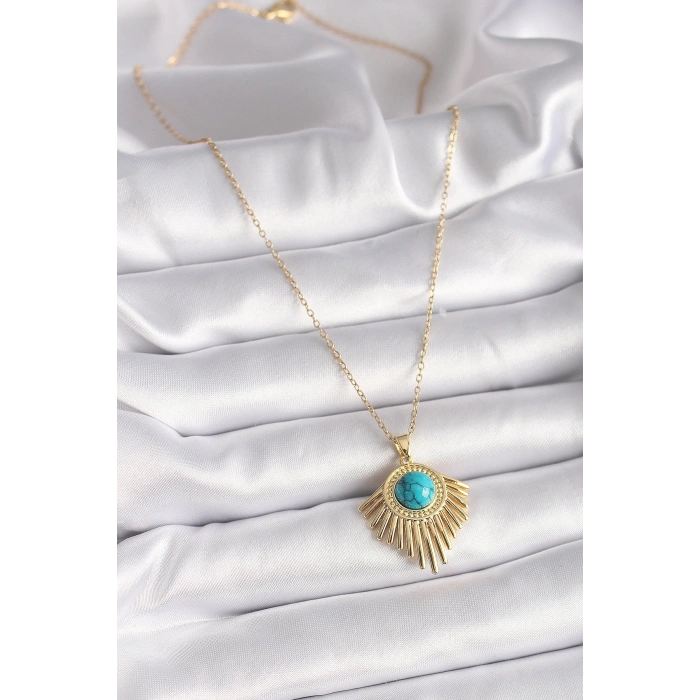 316L Çelik Gold Renk Zincir Mavi Boncuk Güneş Model Kadın Kolye