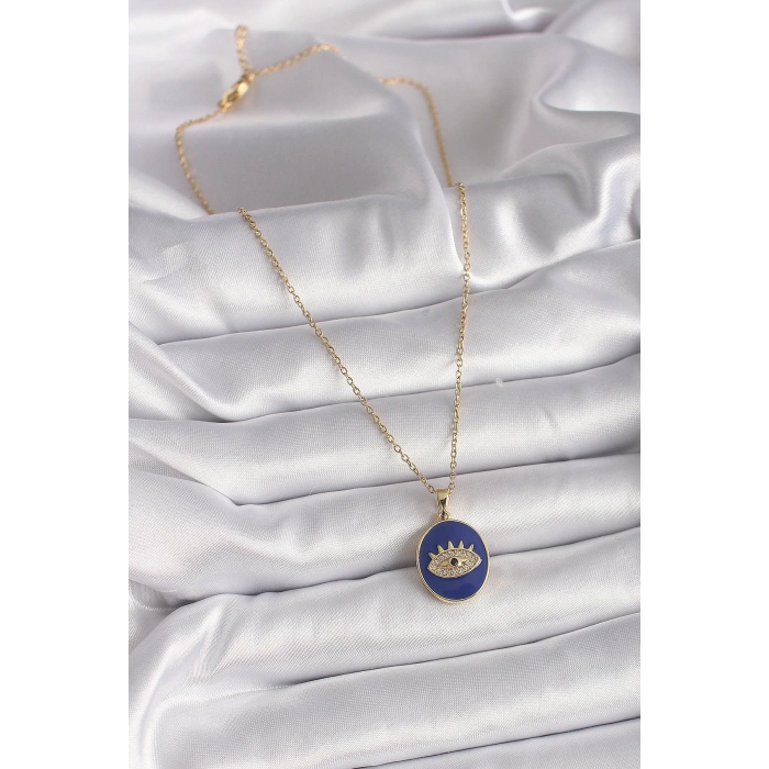 316L Çelik Gold Renk Zincir Mavi Mineli Zirkon Taşlı Göz İşleme Kadın Kolye
