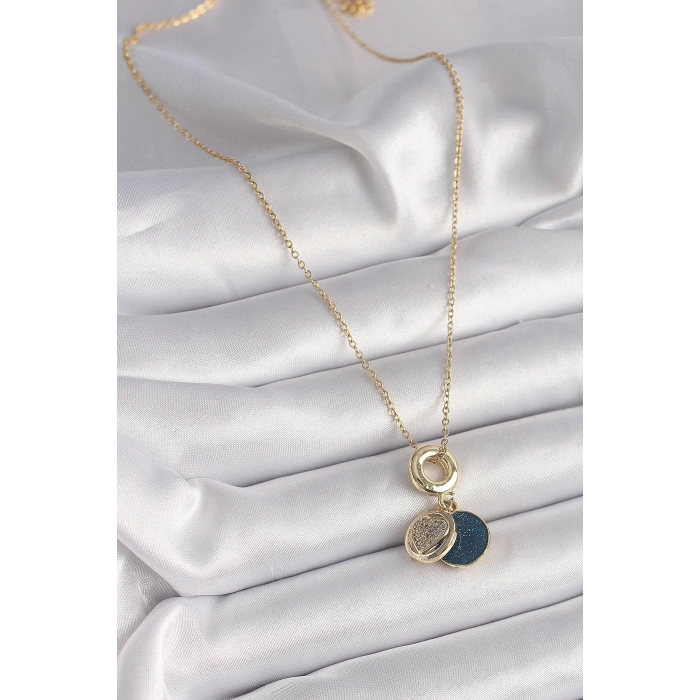 316L Çelik Gold Renk Zincir Zirkon Taşlı Kalp Model Mavi Simli Kadın Kolye