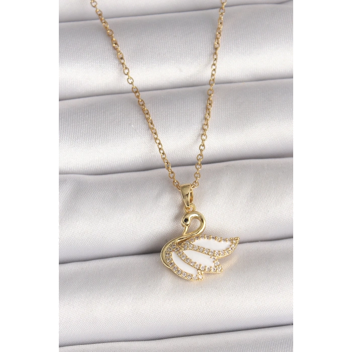 316L Çelik Gold Renk Zincir Zirkon Taşlı Kuğu Model Kadın Kolye