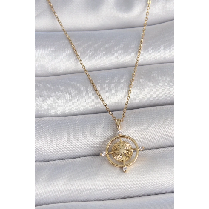 316L Çelik Gold Renk Zincir Zirkon Taşlı Pusula Model Kadın Kolye