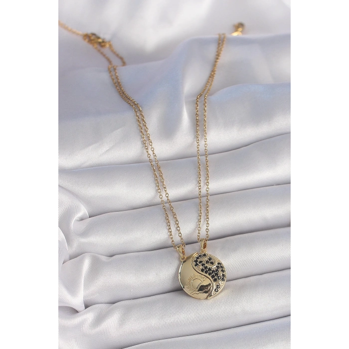 316L Çelik Gold Renk Zincir Zirkon Taşlı Ying Yang Model Gün Batımı İşlemeli Arkadaşlık Kadın Kolye