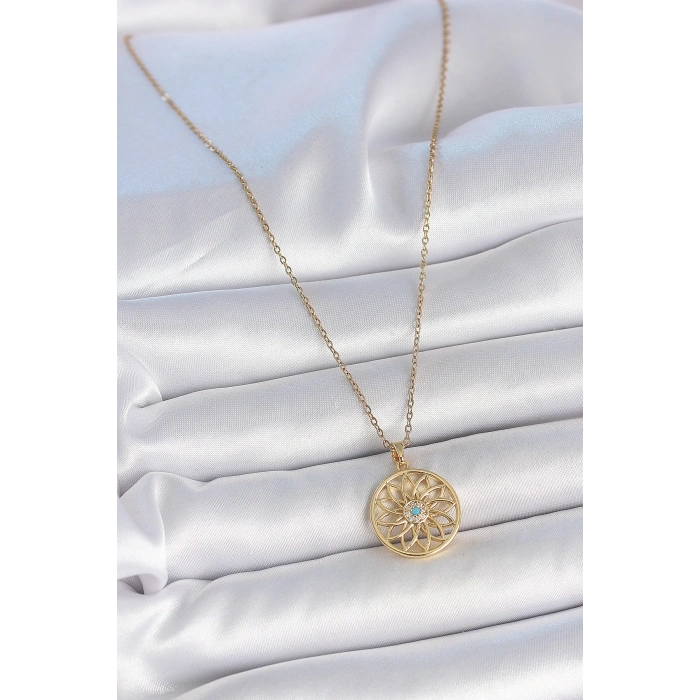 316L Çelik Gold Renk Zincr Mavi Taşlı Lotus Model Kadın Kolye