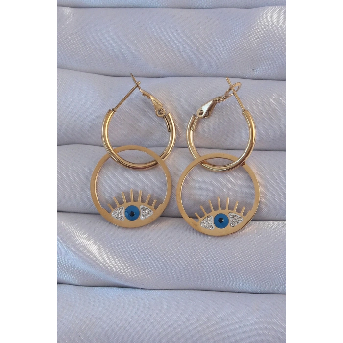 316L Çelik Gold Renk Zirkon Taşlı Mavi Göz Tasarımlı Halka Küpe