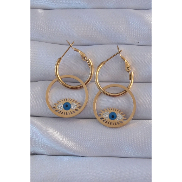316L Çelik Gold Renk Zirkon Taşlı Mavi Göz Tasarımlı Halka Küpe