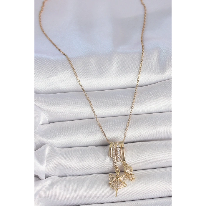 316L Çelik Gold Renk Zirkon Taşlı Sallantı Melek Figür Charm Kadın Kolye