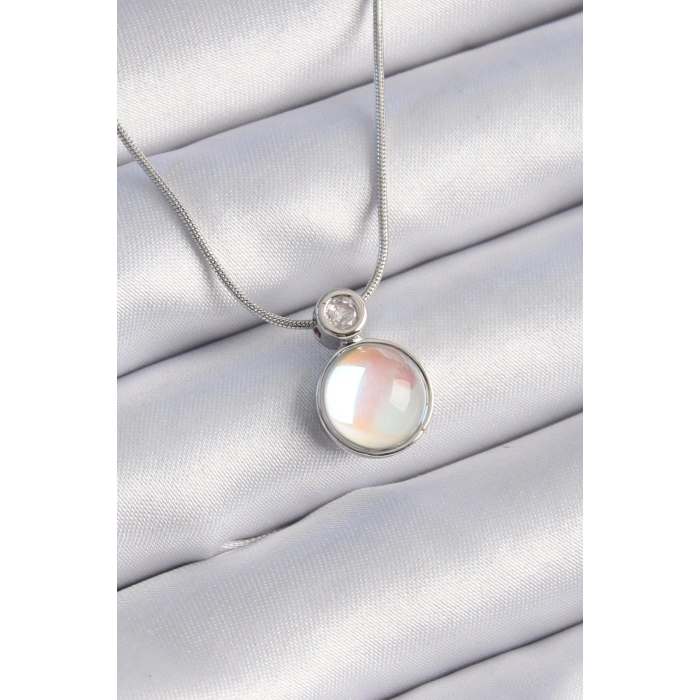 316L Çelik Gümüş Renk Beyaz Sedefli Vintage Model Kadın Kolye