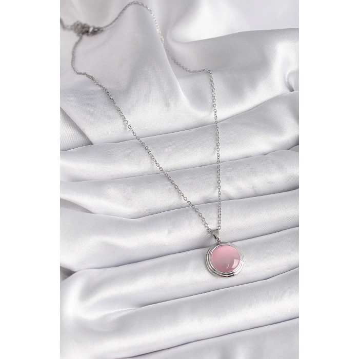 316L Çelik Gümüş Renk Daire Pembe Sedefli Model Kadın Kolye