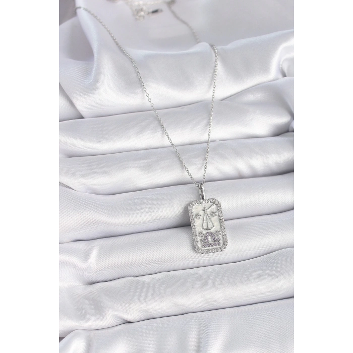 316L Çelik Gümüş Renk Terazi Burcu Zirkon Taşlı Kadın Kolye