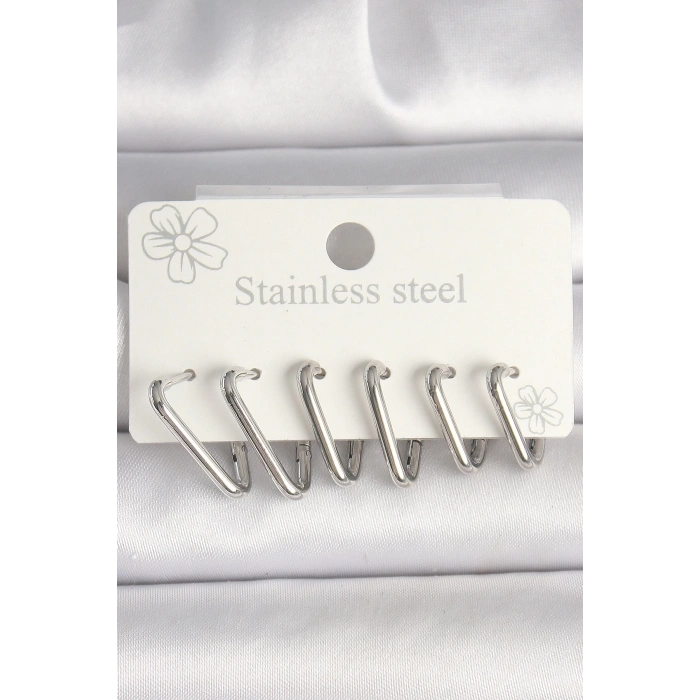 316L Çelik Gümüş Renk Üçgen Model Kadın Küpe Seti