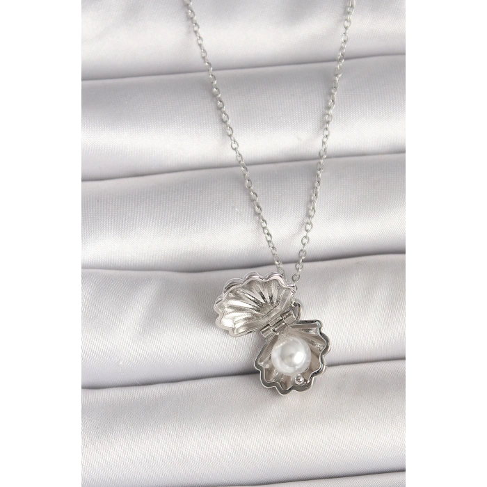 316L Çelik Gümüş Renk Zincir Açılır İncili Midye Model Kadın Kolye