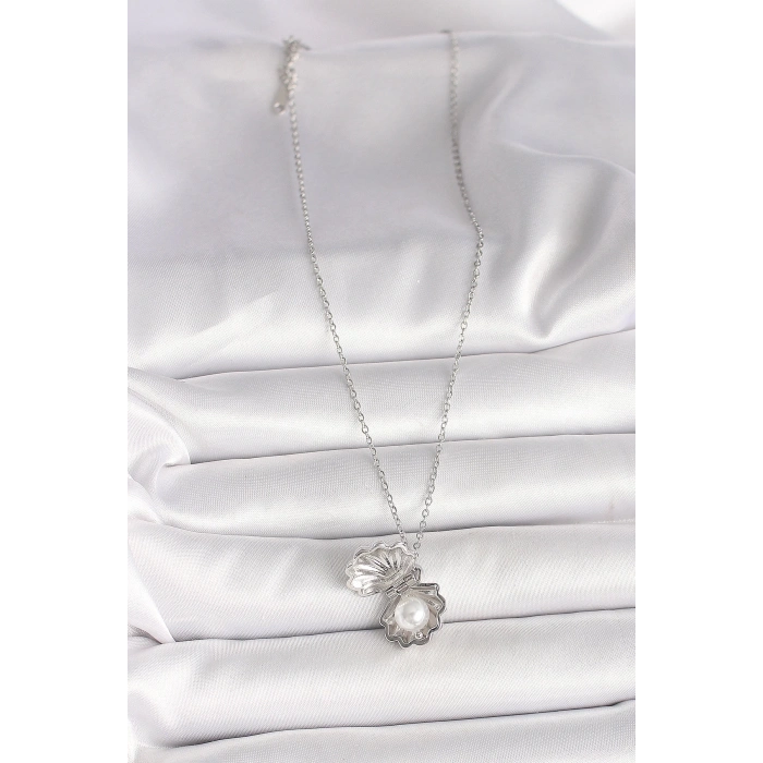 316L Çelik Gümüş Renk Zincir Açılır İncili Midye Model Kadın Kolye