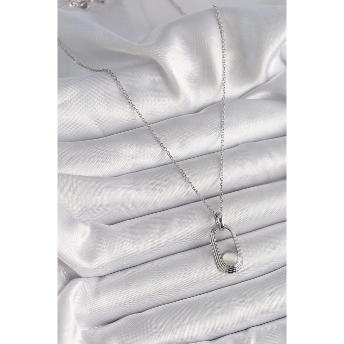 316L Çelik Gümüş Renk Zincir Beyaz Kedi Göz Model Kadın Kolye